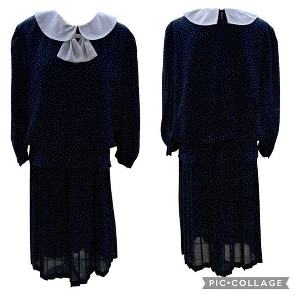 2 Pieces Vintage Mono New York Navy White Polka Dot Peter Pan Top Pleated Shirt - Picture 2 of 8